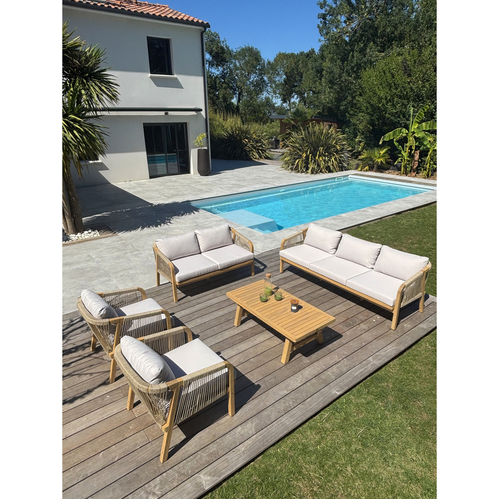 SERENA - Salon bas de jardin 7 places en bois d'acacia et corde tissée