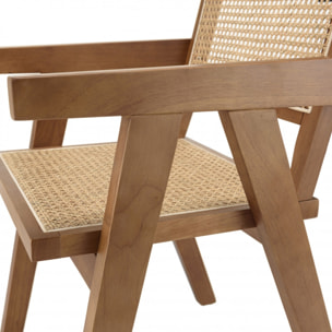 ALBANE- Fauteuil en bois d'Hévéa foncé dossier et assise rotin naturel