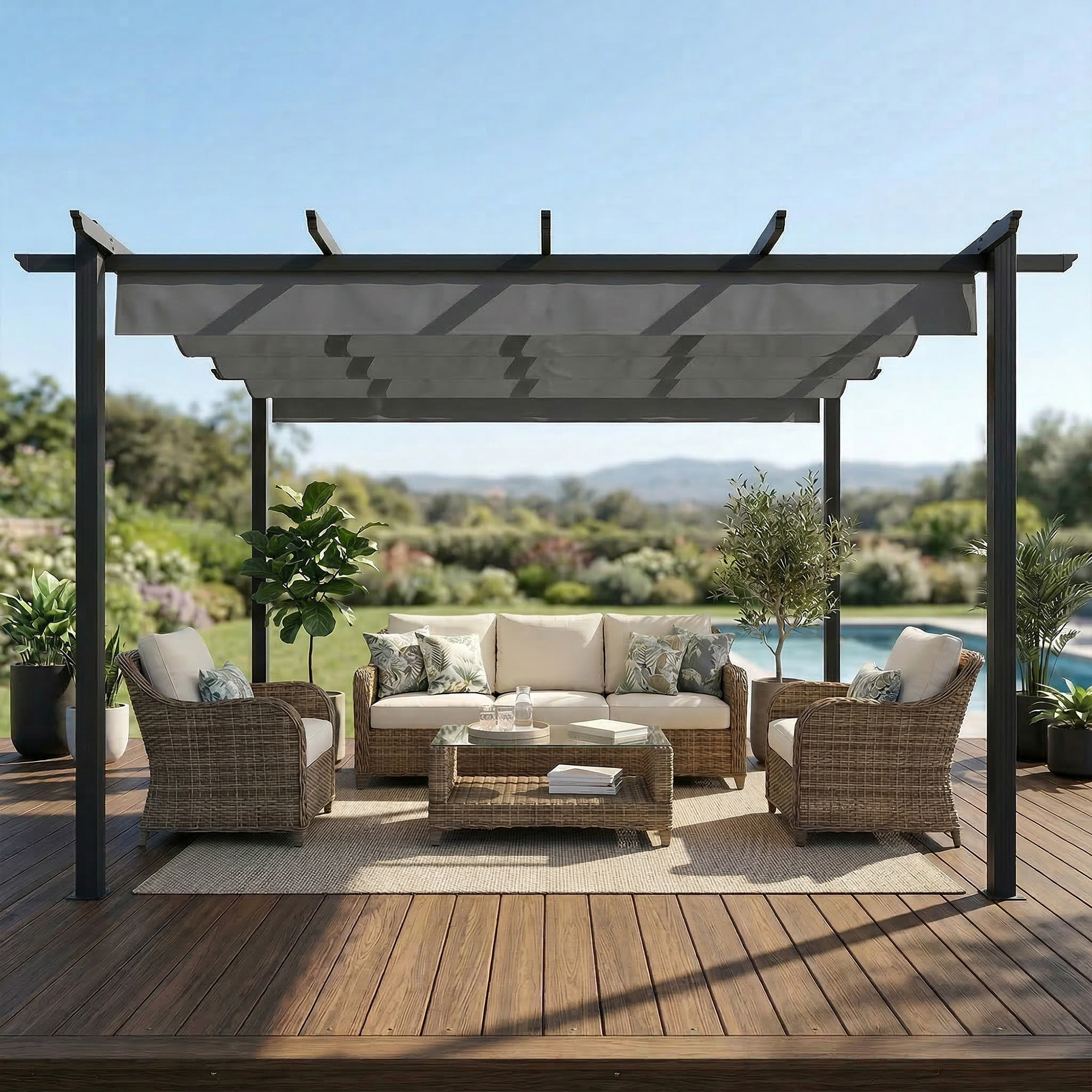 Pérgola de Jardín 4x3 m con Techo Retráctil, Cenador de Jardín con Estructura de Aluminio, UPF30+, Orificios de Drenaje, Pabellón para Exterior, Patio, Terraza, Gris