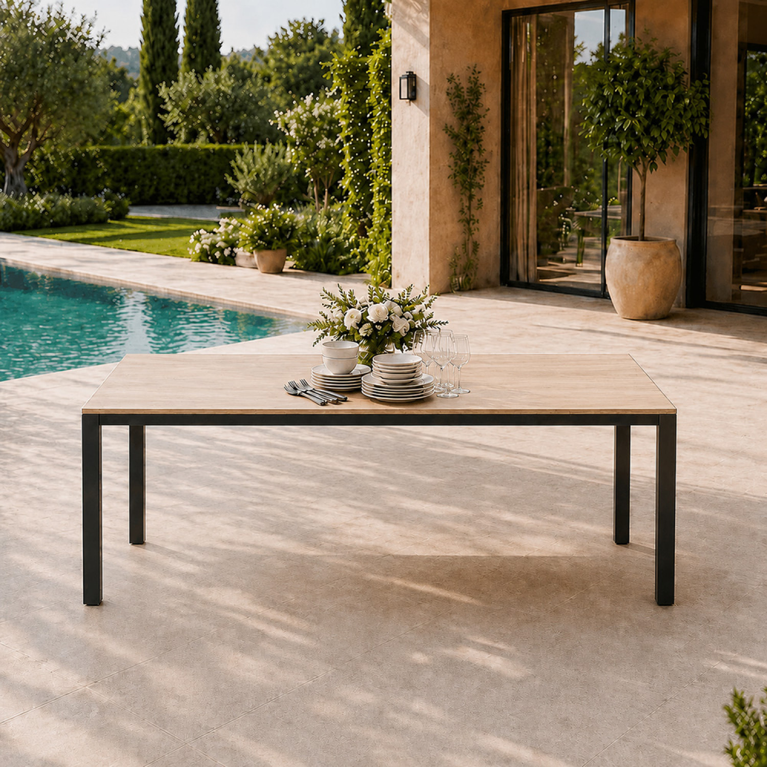 Table de jardin 190cm 8 personnes avec plateau en verre trempé effet bois NEWSTEAD