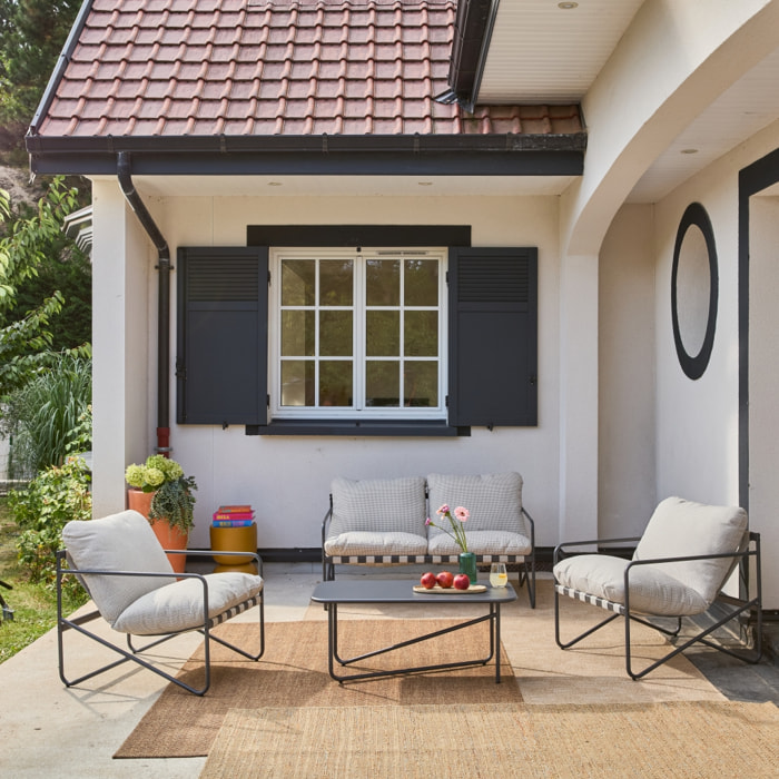Salon de jardin 4 places avec table en métal. avec des sangles. anthracite et blanc