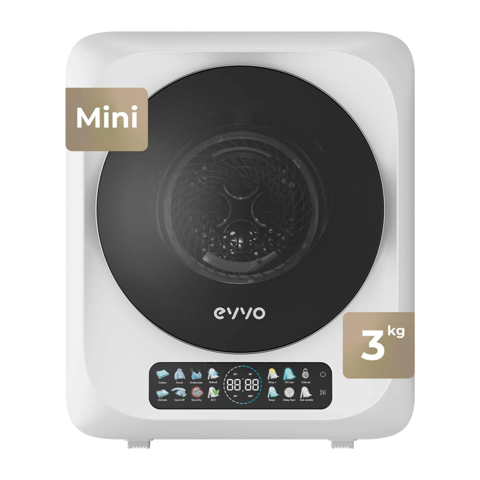 EVVO Secadora Mini S4 – Secadora de Ropa Portátil 3 Kg, Diseño Mini Compacto, Panel Táctil, Higiene UV, Función Antiarrugas, Mini Secadora Ideal para Espacios Reducidos