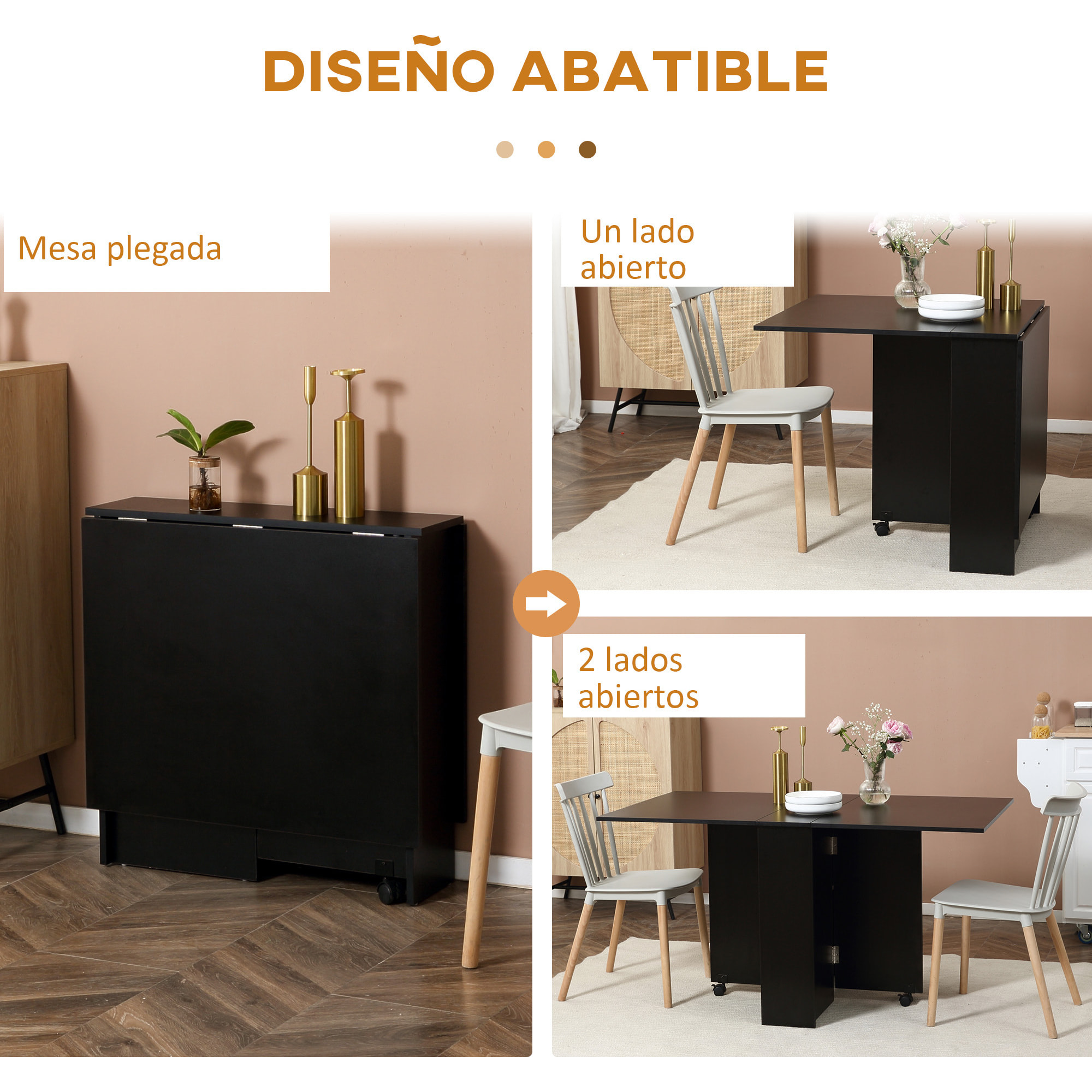 Mesa de Comedor Plegable Mesa Abatible de Cocina con 2 Ruedas 2 Estantes de Almacenaje y 2 Alas Abatibles Estilo Moderno para Restaurante Sala 75x140x74 cm Negro