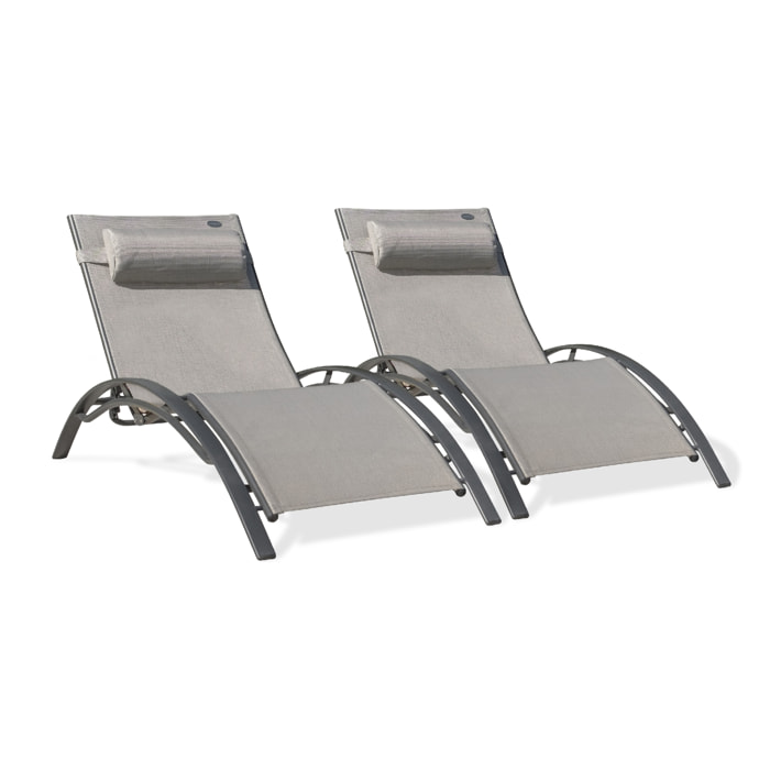 CL76 - Lot de 2 bains de soleil en aluminium et toile plastifiée grise
