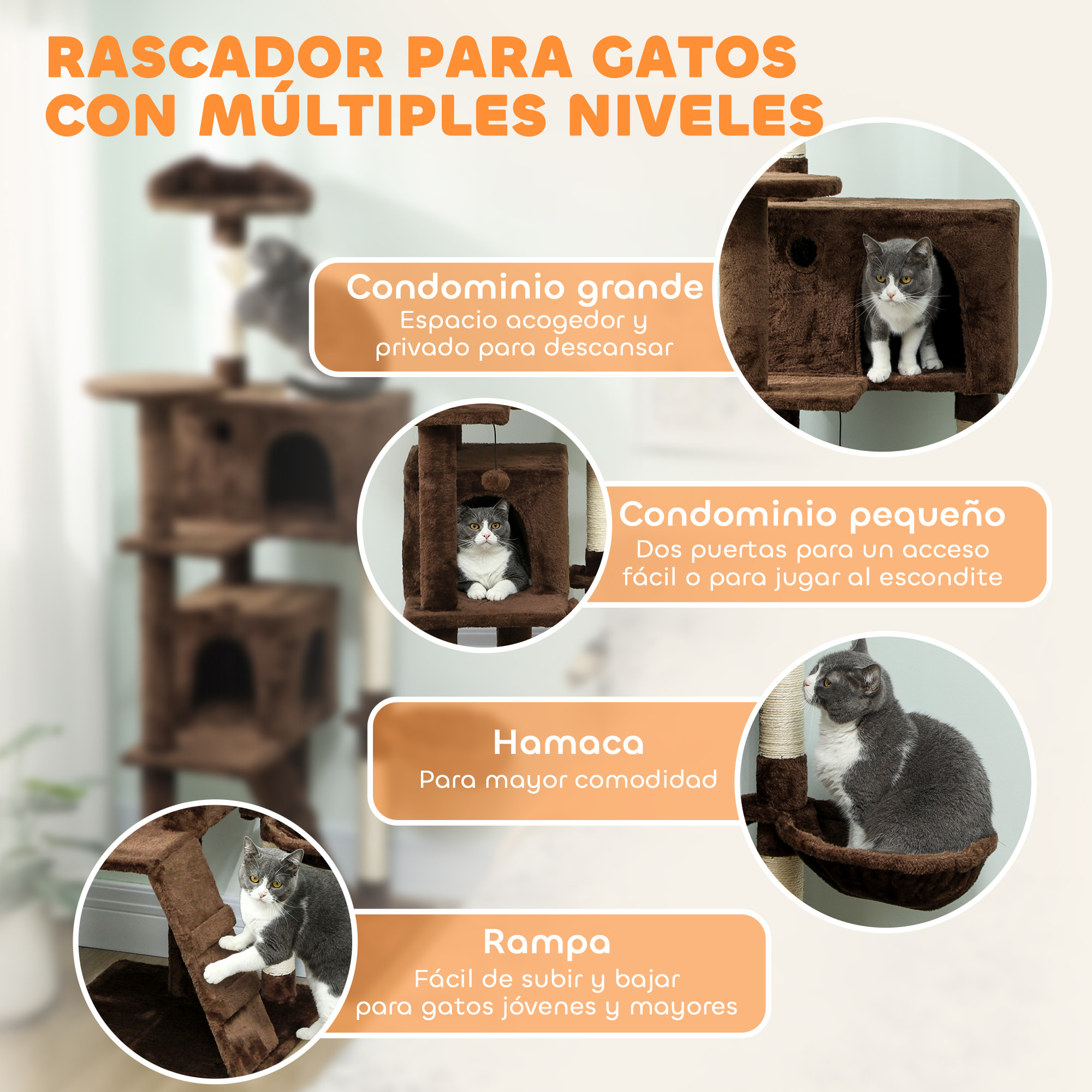 Árbol Rascador para Gatos, Árbol para Gatos 180 cm, Torre Escalador con Múltiples Plataformas, Cama, 2 Cuevas, Hamaca, Escalera, Postes de Sisal, Bolas para Jugar, Marrón