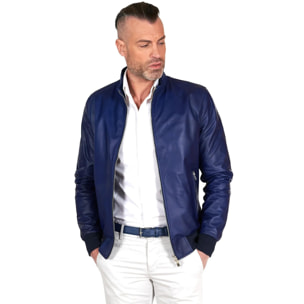 Giubbotto bomber in pelle naturale blu elettrico colletto coreana