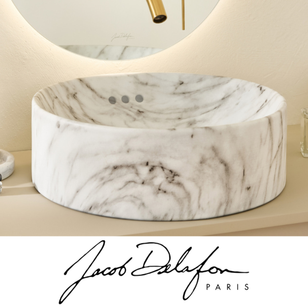 Vasque ronde à poser Vox marbre blanc sculptural + bonde