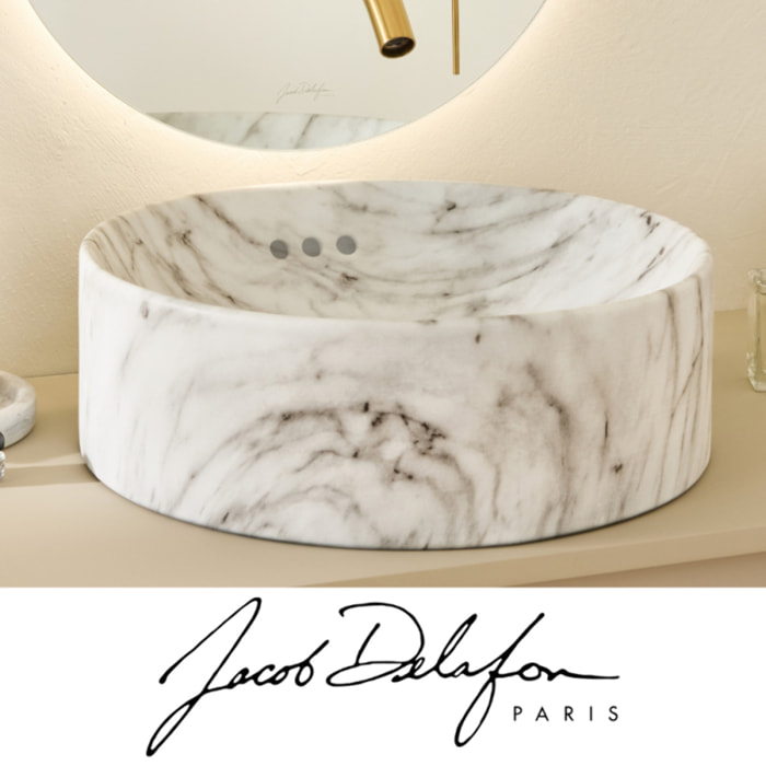 Vasque ronde à poser Vox marbre blanc sculptural + bonde