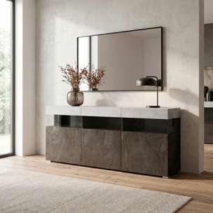 Madia Soggiorno Con 3 Ante Push-Pull E 3 Vani A Giorno in Vetro Mobile Credenza Moderna Zona Living 180 x 41.2 x 80 Cm Ossido E Grigio Cemento