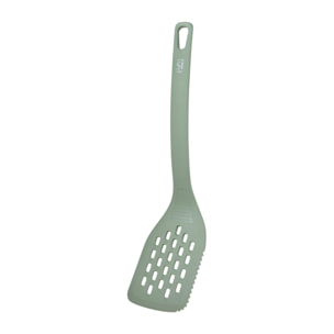 Juego de 4 utensilios de cocina: servidor de pasta (31×7,3 cm), cuchara de servir (33×5,8 cm), cucharón (31×9 cm) y espátula ranurada (31,5×7,4 cm), color negro, material PBT