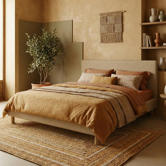 Lit Colisée avec tête de lit| Robuste et confortable | Montage simple rapide | Bouclette | Camel