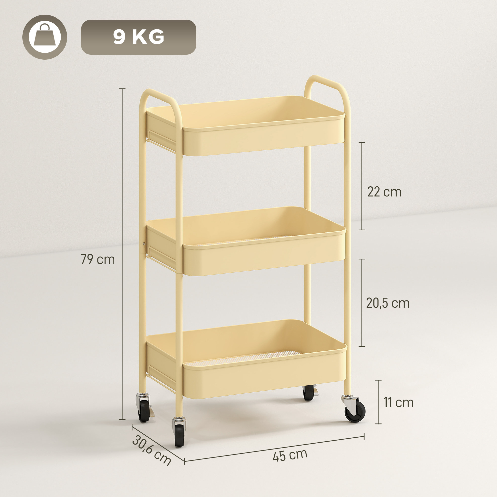 Carrito Auxiliar con Ruedas de 3 Niveles, Carrito de Cocina con 3 Cestas y 2 Asas, para Baño, Dormitorio, Oficina, 45x30,6x79 cm, Amarillo