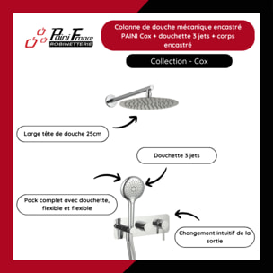 Colonne de douche mécanique encastré PAINI Cox chromé + douchette 3 jets + corps encastré
