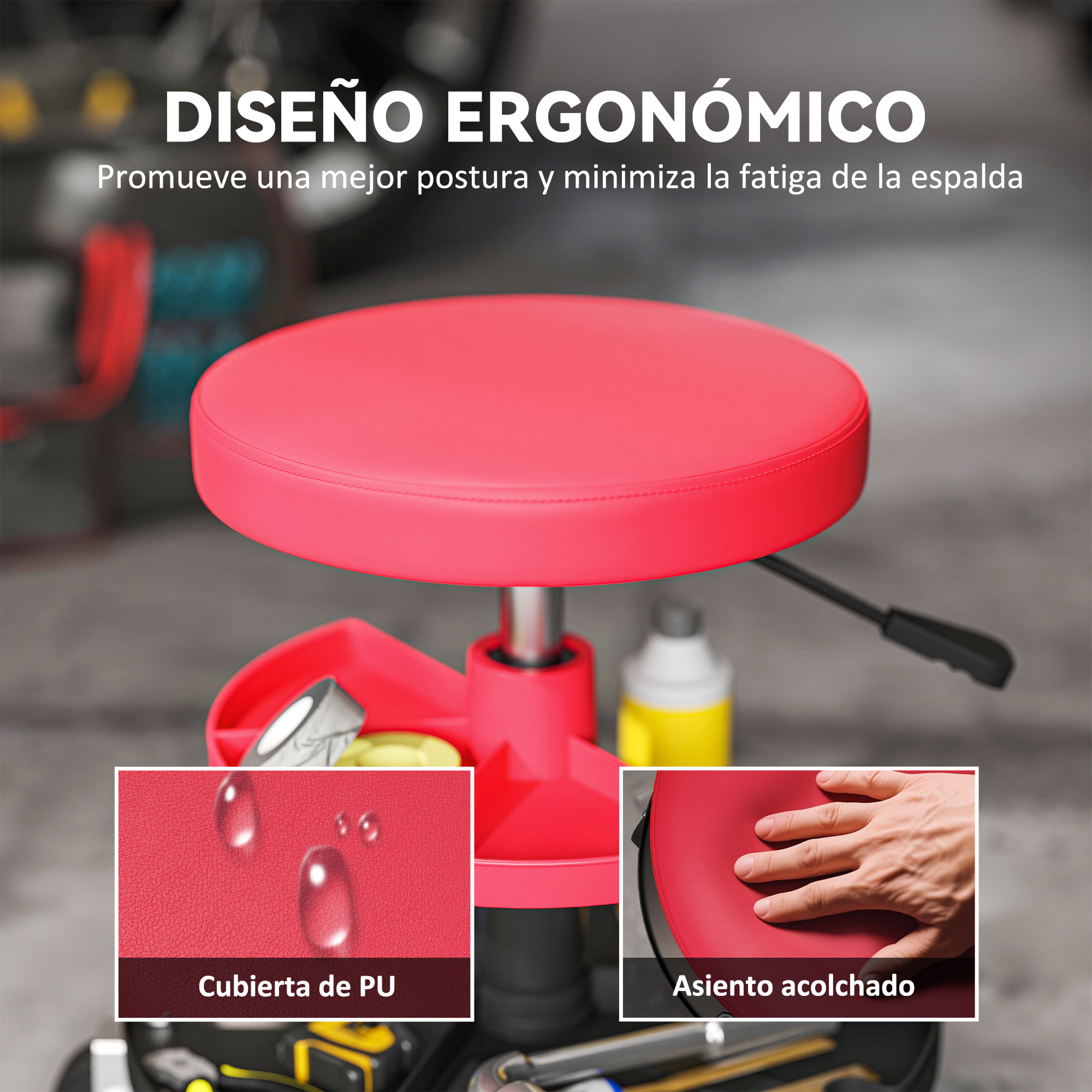 Taburete de Taller Giratorio con Ruedas Altura Ajustable de 40-51 cm Asiento Taburete para Mecánico con 2 Bandejas para Herramientas Carga 135 kg para Garaje Reparación de Automóviles Rojo