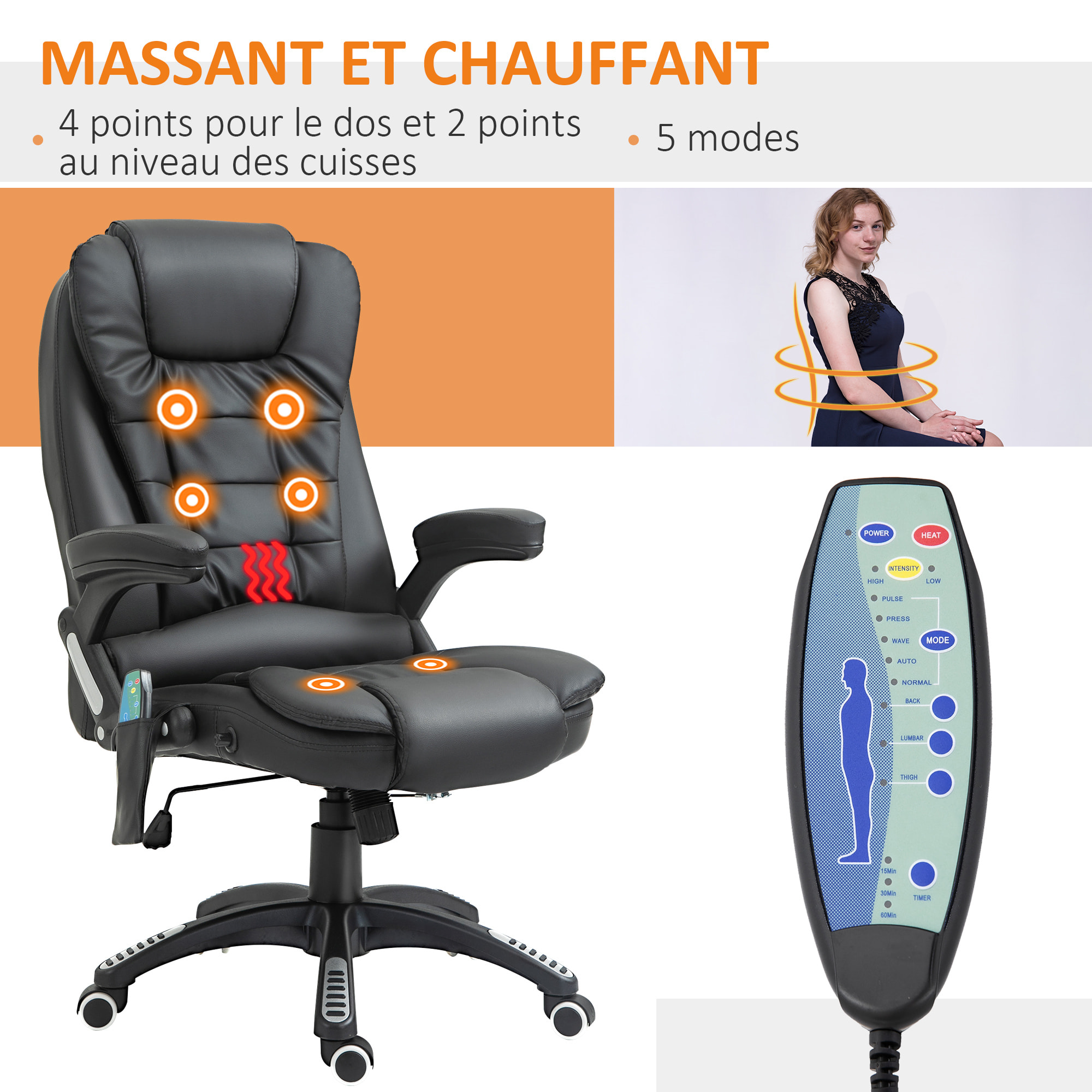 Fauteuil de bureau direction pivotant massant chauffant électrique revêtement synthétique noir