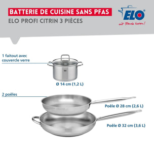 Ensemble de 2 Poêles de cuisson 28 et 32 cm et 1 faitout 14 cm Elo Profi Citrin