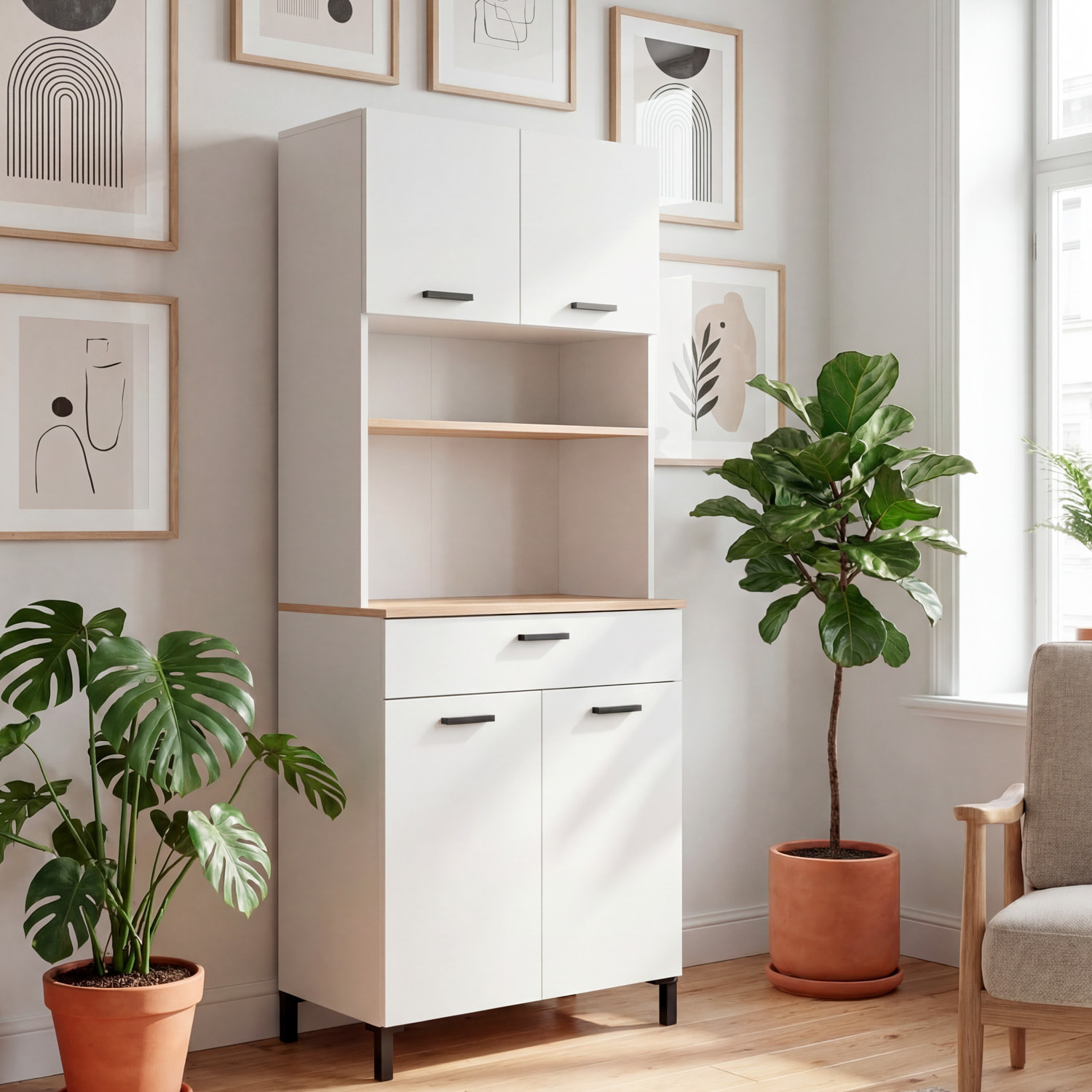 Mobile Dispensa Multiuso con 4 Ante 1 Cassetto E Vano Per Elettrodomestici Con Ripiani Interni Piano Appoggio 72 x 185 x 40 Cm Colore Bianco E Rovere