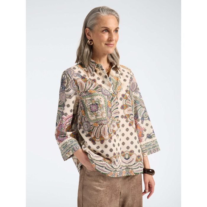 Elena Mirò - Camisa de muselina estampada con mangas de tres cuartos - Beige