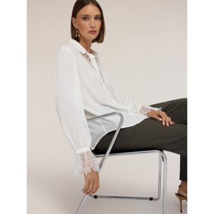 Motivi - Camicia in crêpe de chine con inserti in pizzo - Bianco