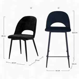 Pack 2 chaises et 2 chaises de bar 65 cm en velours noir - Pénélope