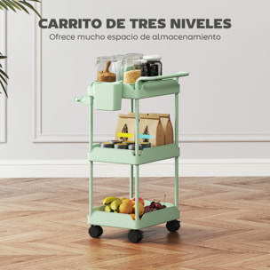 Carrito Auxiliar con Ruedas de 3 Niveles, Carrito de Cocina con Cestas Extraíbles, Ruedas con Freno, Soporte para Toallas y Marco de Metal, Carro de Servicio para Comedor, Salón, Baño, Verde