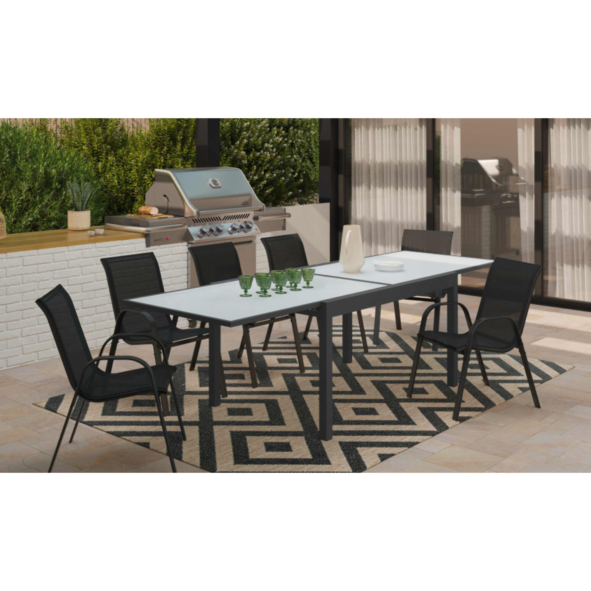 Table de jardin extensible 135-270cm verre trempé