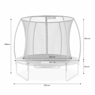 Trampoline rond Ø 250cm gris avec filet de protection intérieur - Pluton Inner XXL– échelle. bâche. filet pour chaussures et kit d'ancrage 2.50 m 250 cm