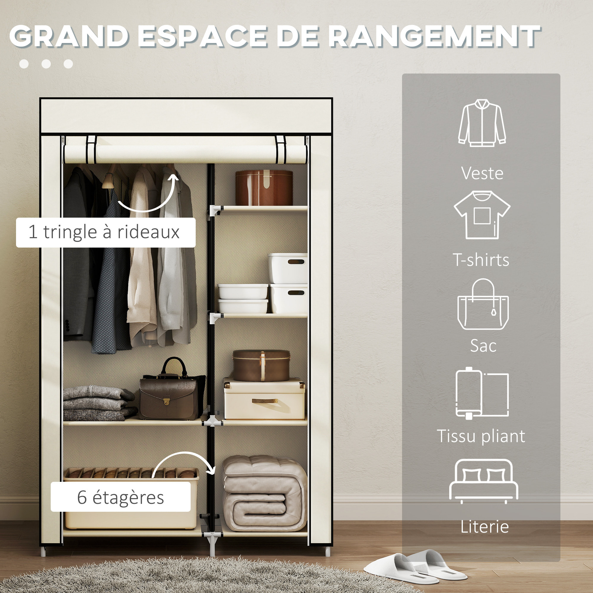 Armoire penderie multi-rangement - 6 étagères, 1 barre - dim. 103L x 43l x 162,5H cm - acier noir non tissé beige