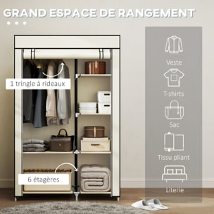 Armoire penderie multi-rangement - 6 étagères, 1 barre - dim. 103L x 43l x 162,5H cm - acier noir non tissé beige