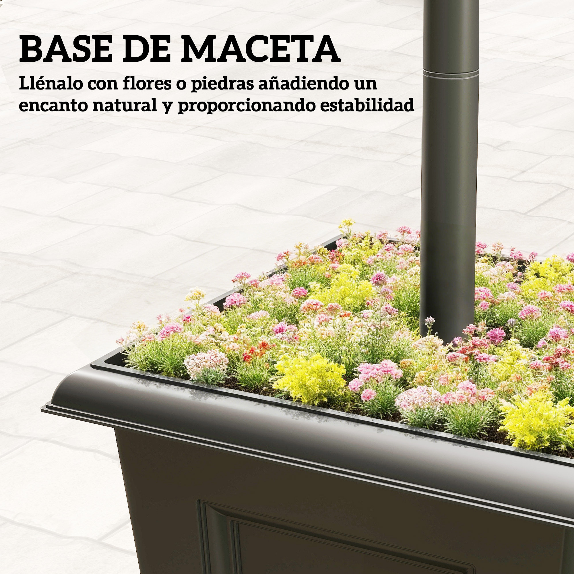 Farola Solar Exterior de Jardín con Macetero, Luz Solar de Exterior LED, Poste de Aluminio, Impermeable IP44, Encendido/Apagado Automático, para Terraza, Patio, 33x33x160 cm, Negro