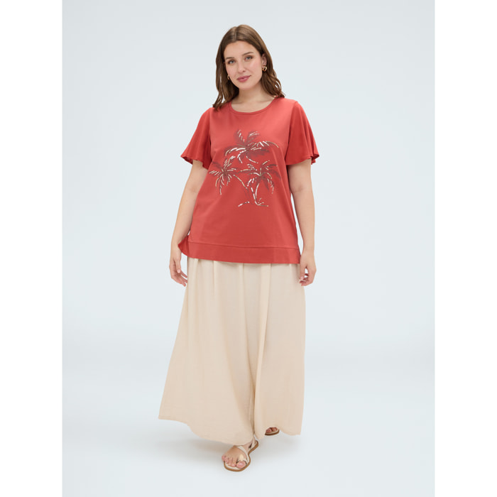 Fiorella Rubino - Camiseta de algodón con estampado y lentejuelas - Naranja sol