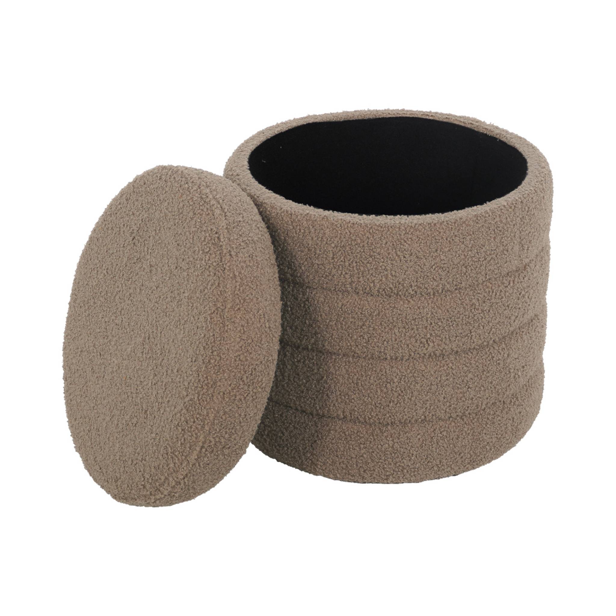 Tabouret en bouclettes taupe avec coffre de rangement intégré