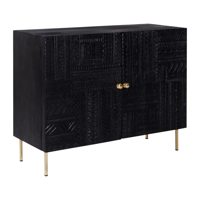 Commode 2 portes en bois gravé noir et métal doré - Chimane