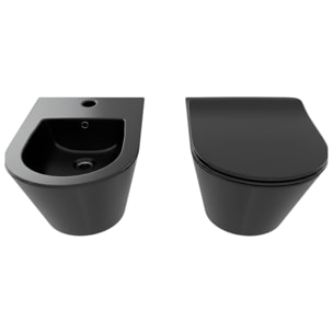 Coppia Sanitari Sospesi Vaso WC Rimless Con Tornado Flush E Bidet Sospeso Moderno Tondo In Ceramica Con Copriwater Chiusura Soft Close Nero Opaco