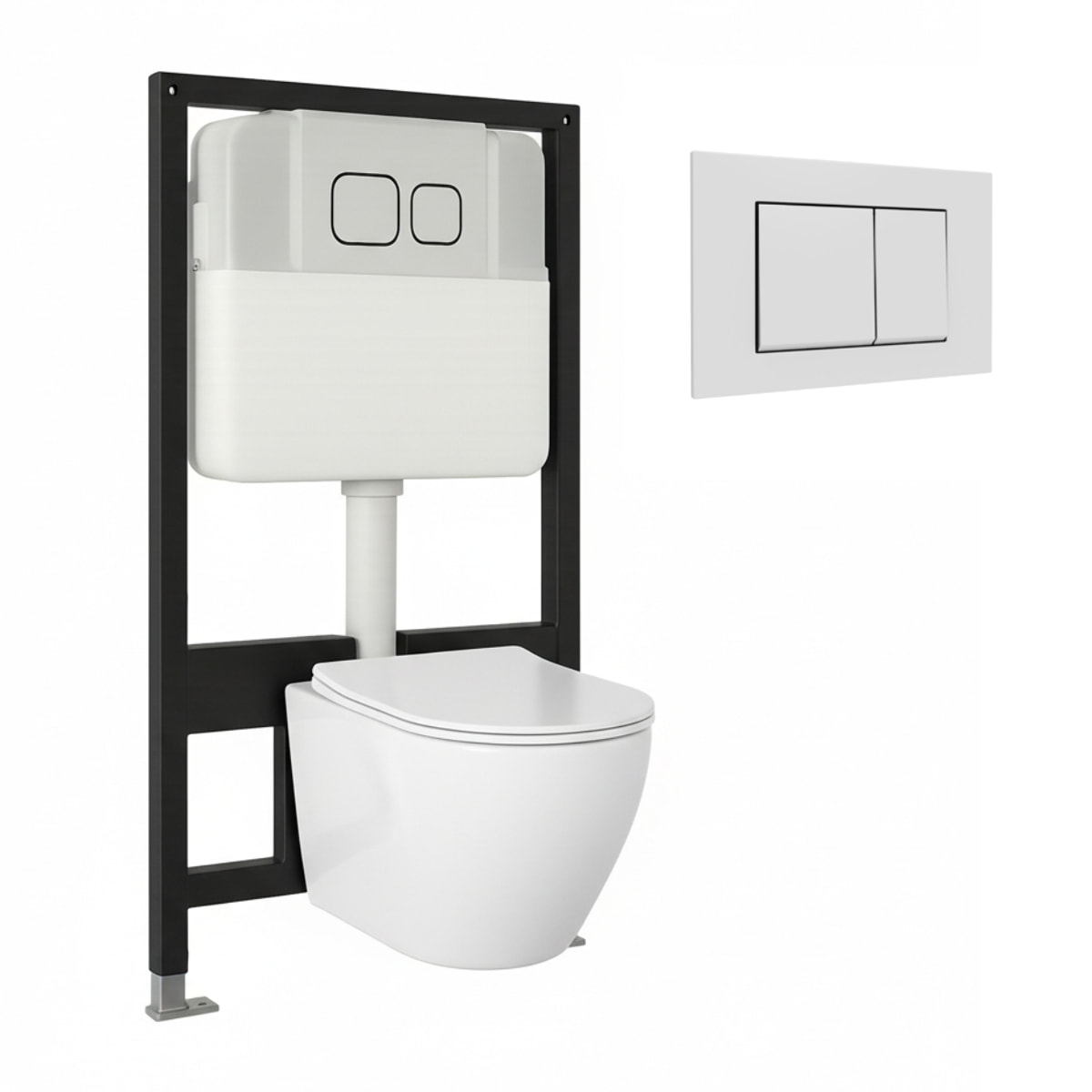 Pack Wc Suspendu + Châssis + Boîtier de Support Blanc | Toilette Blanc Brillant | Bouton Blanc | Réservoir Encastré | Couvercle Amorti | Alday