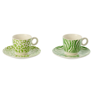J-Line Tasse + Sous-tasse Léopard + Zèbre - porcelaine - vert/blanc - small - set de 2