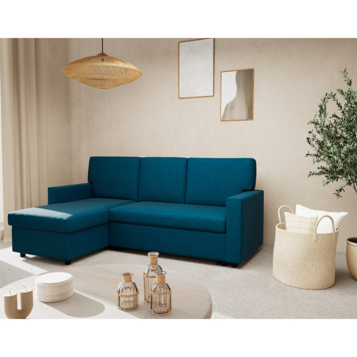 Meiya - canapé d'angle réversible 4 places convertible avec coffre en tissu - Bleu