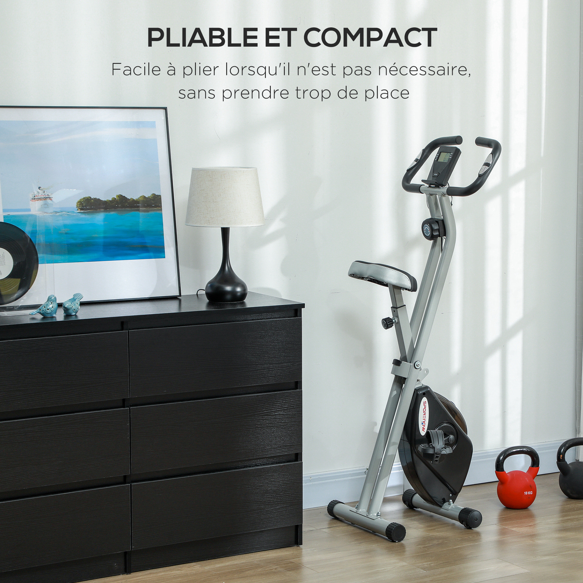 Vélo d'appartement pliant, vélo fitness silencieux vélo d'intérieur avec résistance magnétique à 8 niveaux, capteur de fréquence cardiaque, siège réglable, écran LCD et roulettes, gris