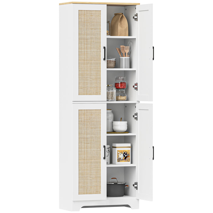 Alacena de Cocina Aparador de Cocina Mueble Auxiliar de Cocina con Estantes Ajustables Puertas de Ratán y Sistema Anti-vuelco 60x30x170 cm Blanco