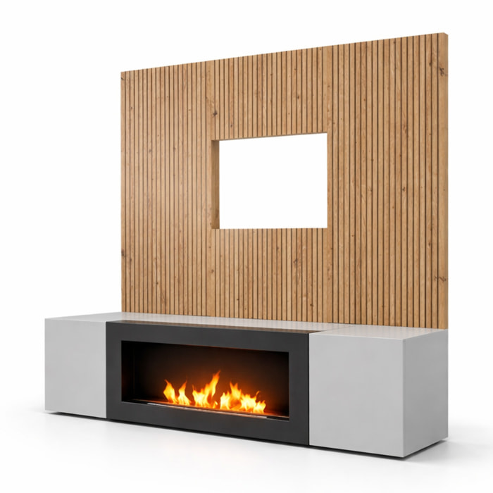 Parete Attrezzata Moderna Con Biocamino E Pannello Listellato Per Tv Mobile 2 Ante Ribalta E Pensile Per Soggiorno 200 x 35 x 148 Cm Grigio E Rovere