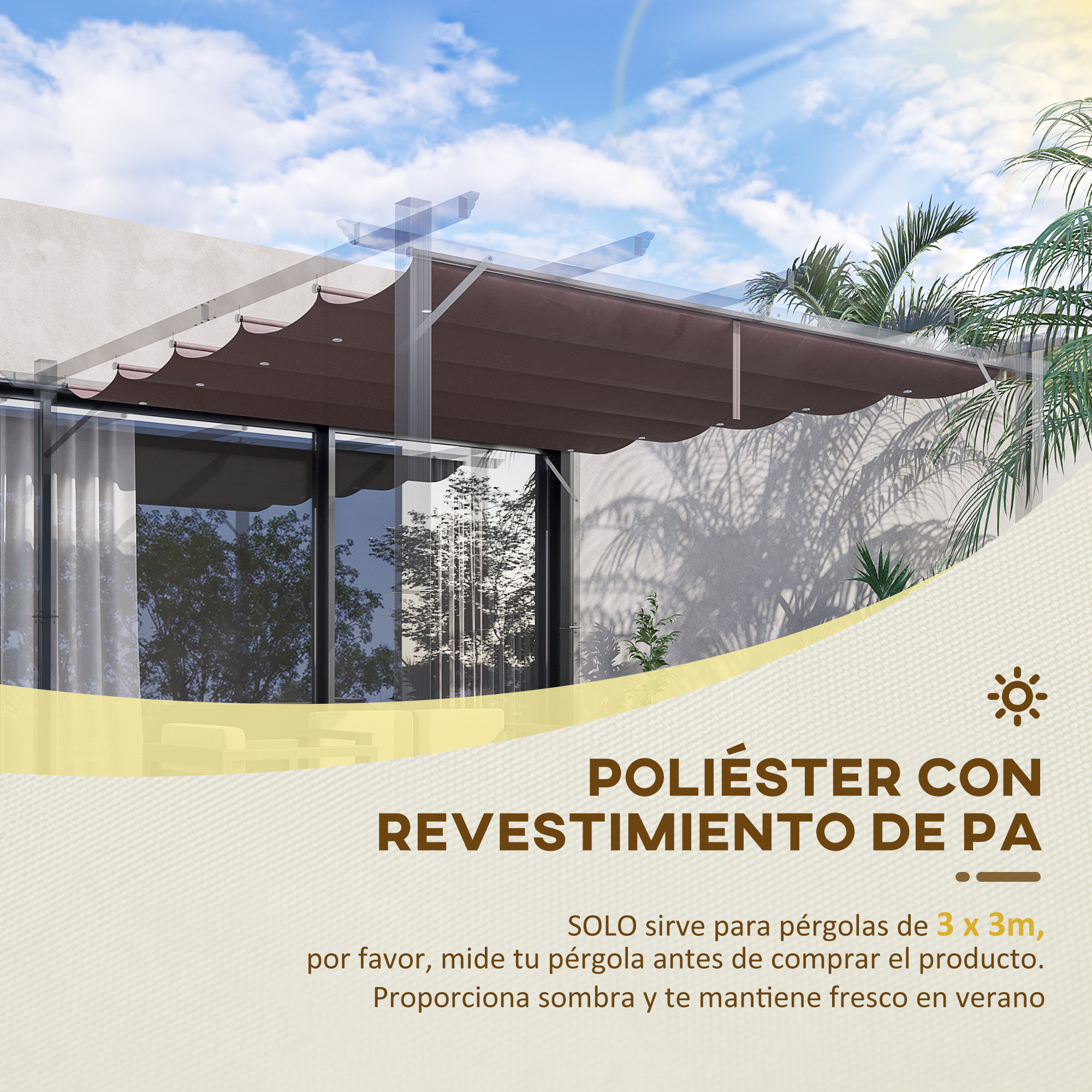 Cubierta para Pérgola Retráctil 2,5x2,55m Toldo con 10 Orificios de Drenaje Café