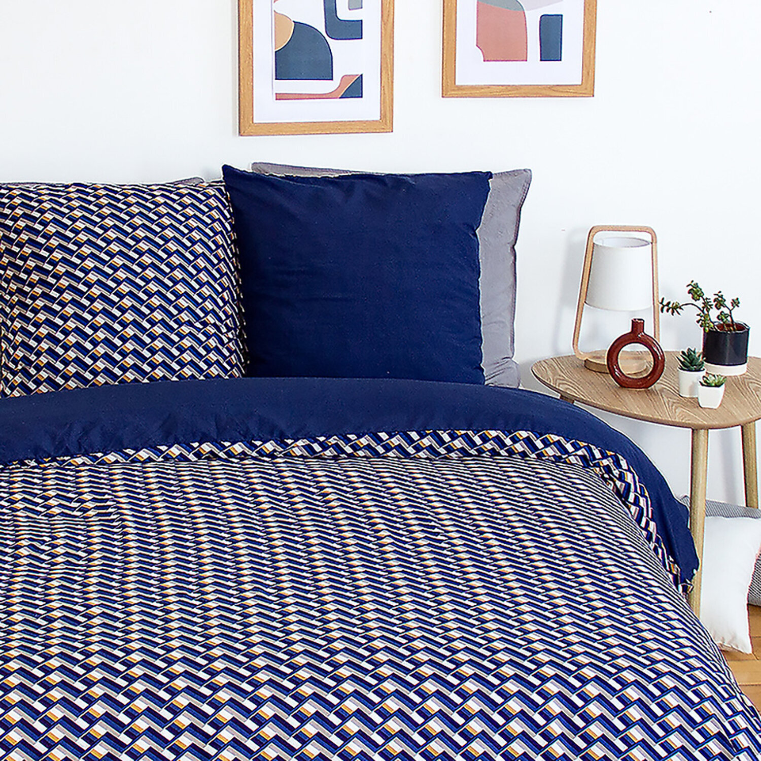 Parure housse de couette en microfibre motif géométrique -bleu