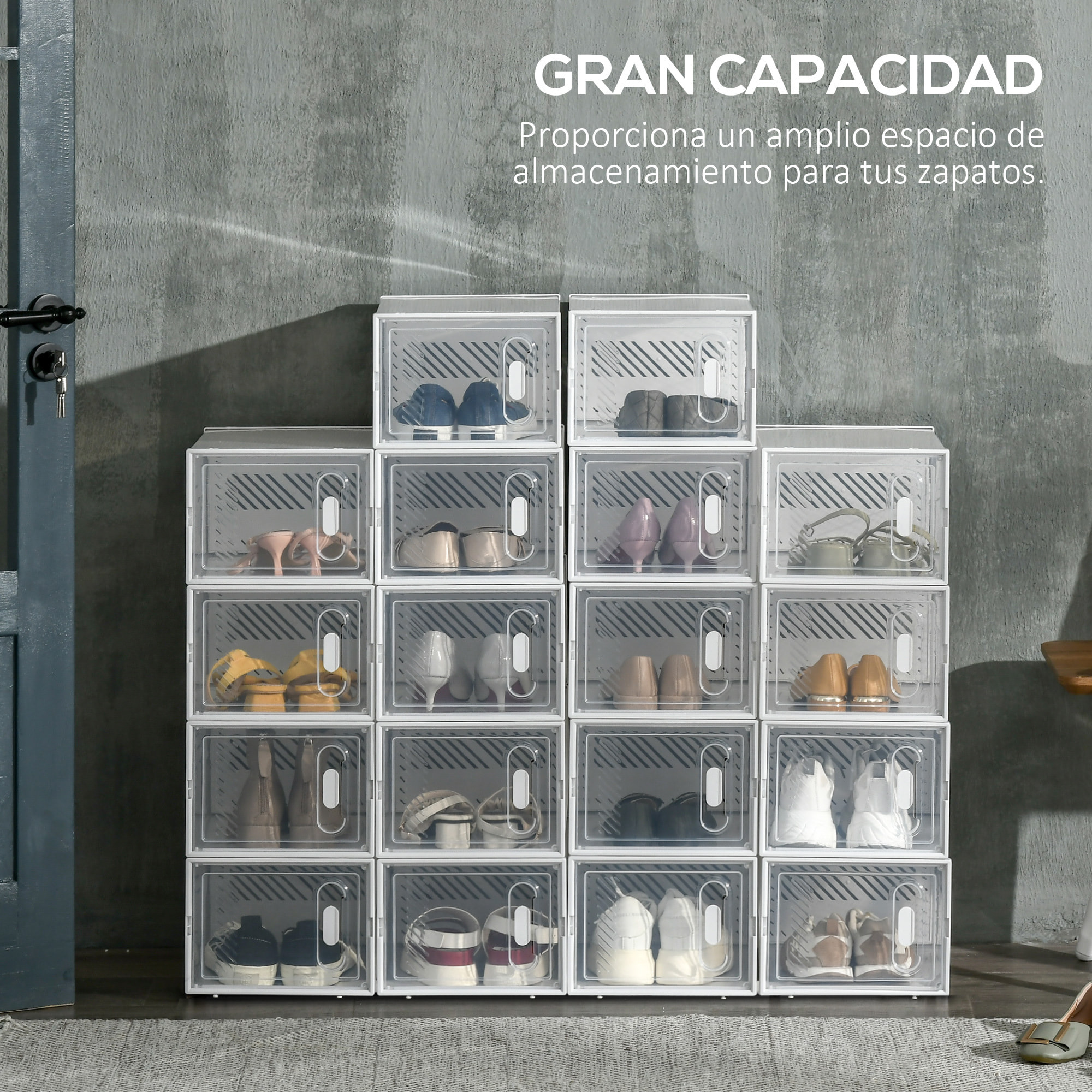 HOMCOM Armario Modular de Plástico Cajas de Zapatos Talla de 43 con 18 Cubos Puertas Magnéticas Muble Organizador para Entrada Pasillo Dormitorio 25x35x19 cm Transparente