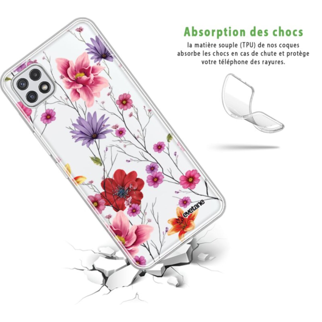 Coque Samsung Galaxy A22 5G 360 intégrale transparente Fleurs Multicolores Tendance Evetane.