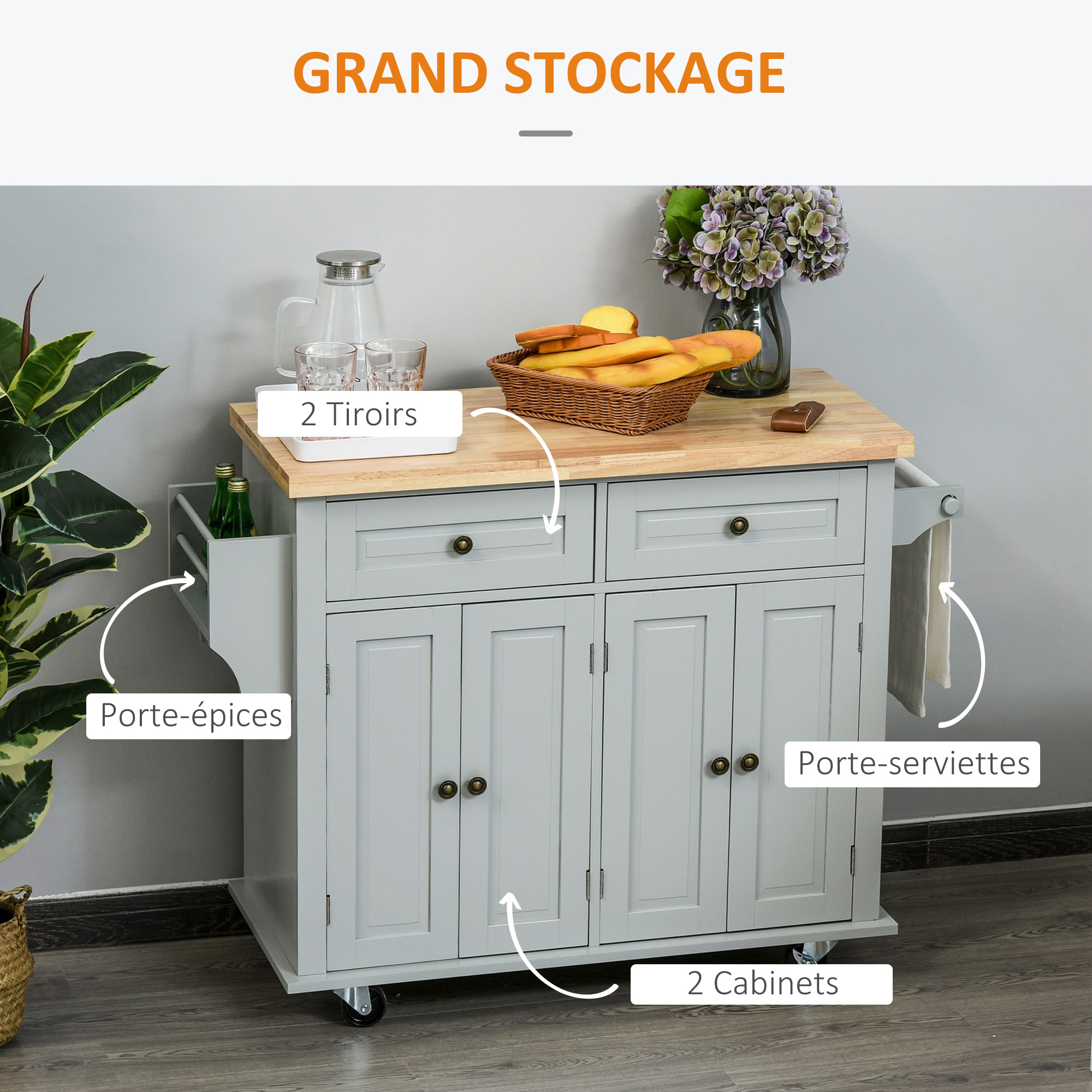 Desserte de cuisine multi rangements 2 tiroirs 2 placard 2 portes avec étagère range-bouteille porte-torchons MDF gris hévéa