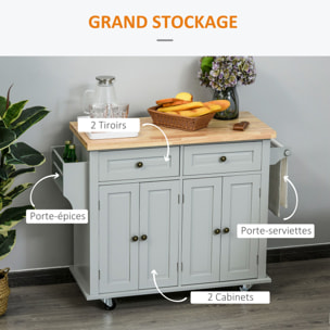 Desserte de cuisine multi rangements 2 tiroirs 2 placard 2 portes avec étagère range-bouteille porte-torchons MDF gris hévéa