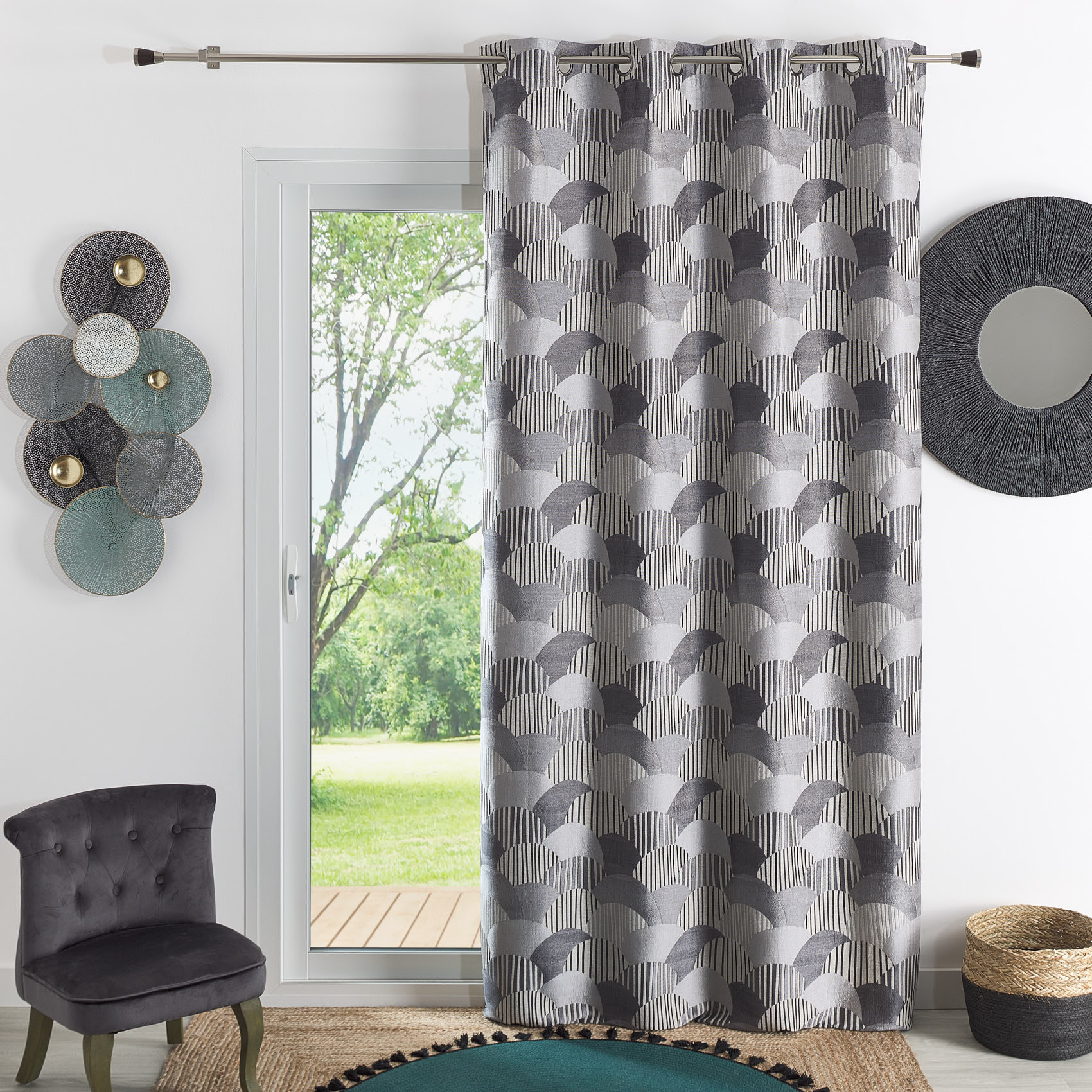 Rideau d'ameublement à jacquard arrondi - Gris clair