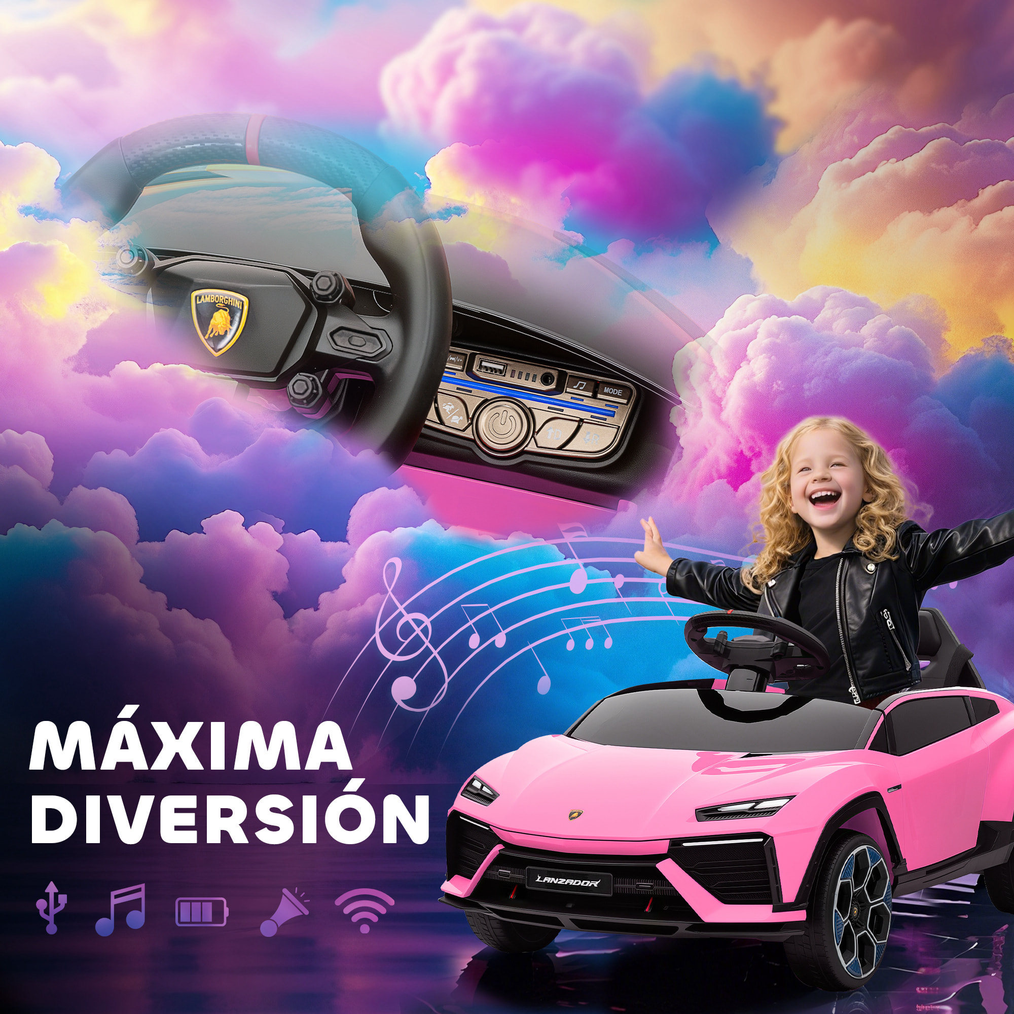 Coche Eléctrico para Niños de +3 Años, Lamborghini, Coche de Batería 12V, con Mando a Distancia 2,4 G, Motor Doble, Ruedas con Suspensión, Faros, Música, USB, Rosa