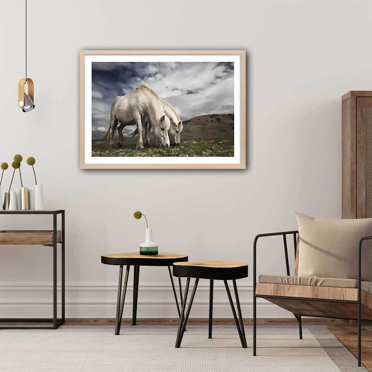 Affiche Chevaux blancs Affiche + cadre en bois - Chêne