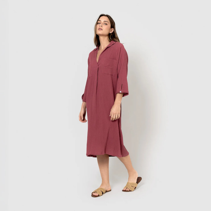 Vestido midi algodón lino malva/rosa